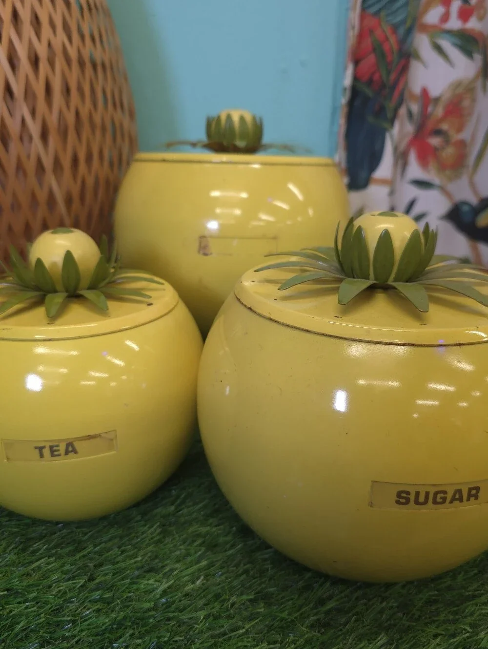 Vintage Yellow Metal Lemon Top  Tea & Sugar Canister Set